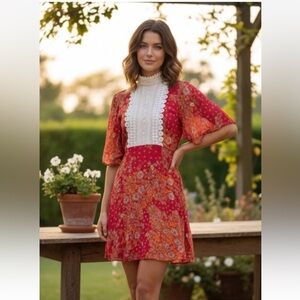 ASOS Mini Dress Floral Size 10 Crochet High Neck Open Back Red Orange Coquette